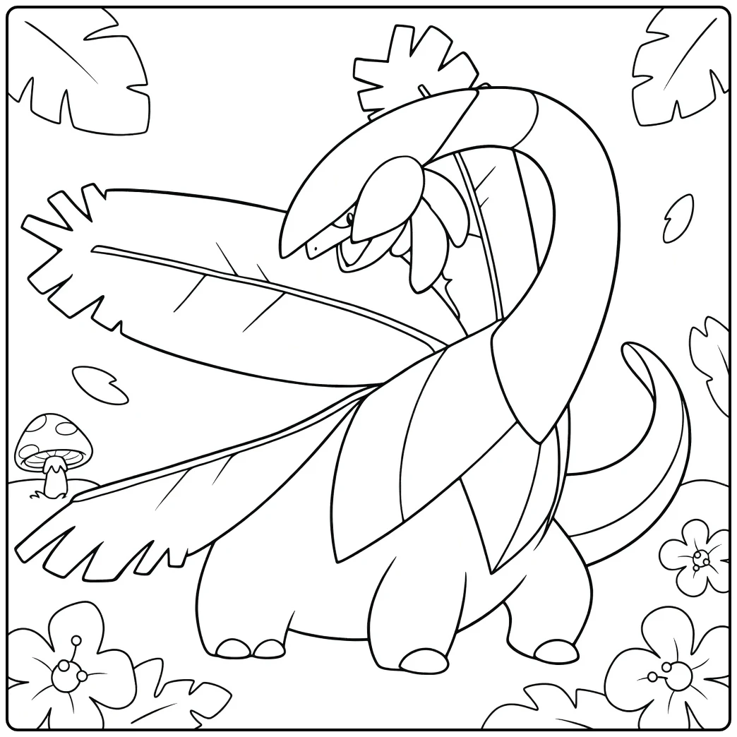 Pokemon Tropius kleurplaat met bananenbladeren en bloemen