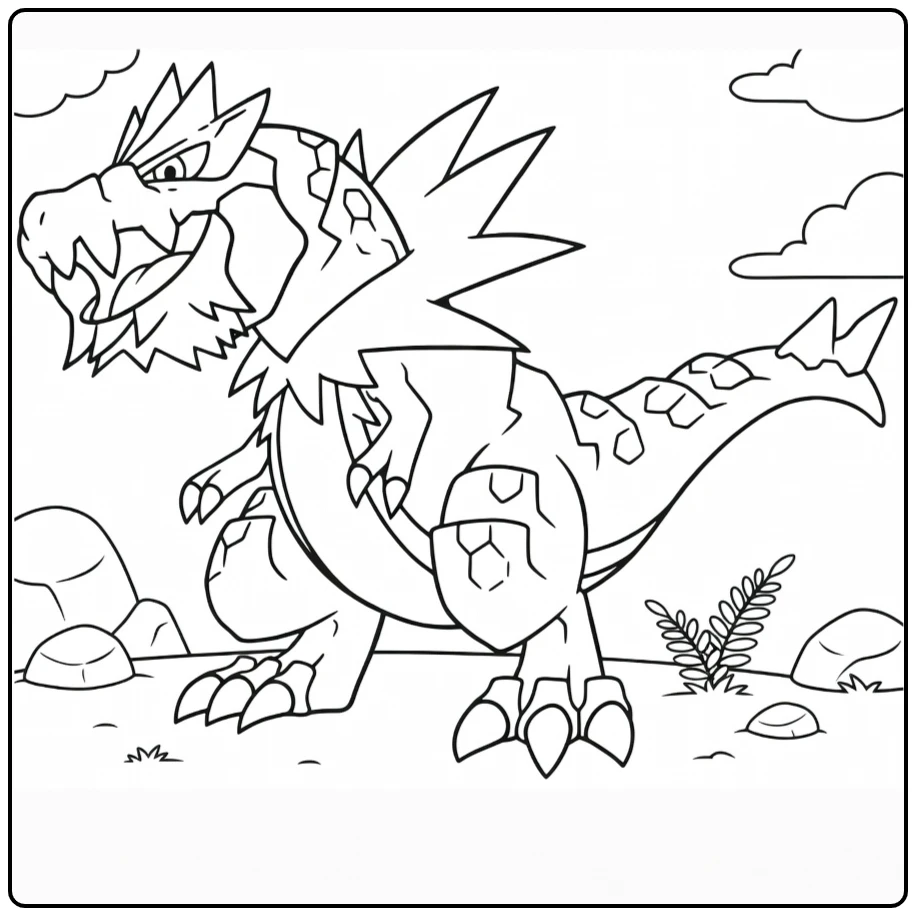 Pokemon Tyrantrum kleurplaat: brullende rotsdino