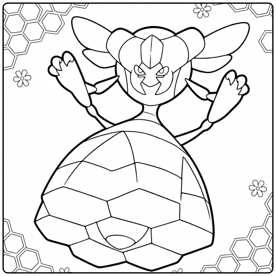 Pokemon Vespiquen kleurplaat met honingraten en bloemen
