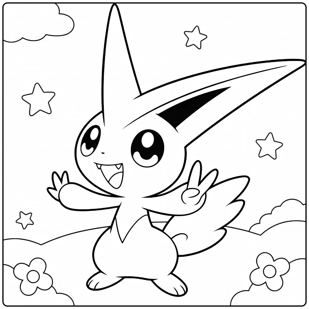 Pokemon Victini kleurplaat: vrolijke pose met V-teken, sterren