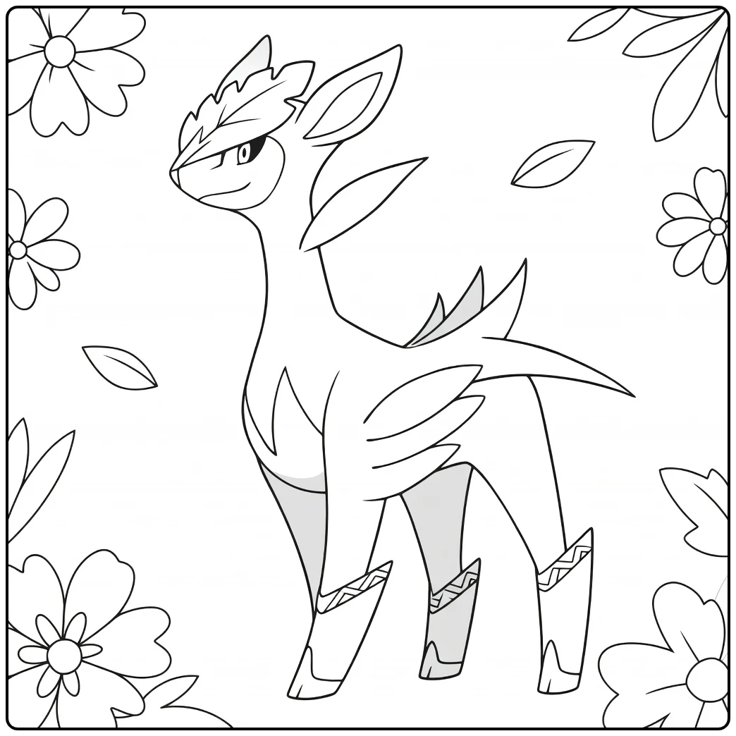 Pokemon Virizion kleurplaat met bloemen en bladeren