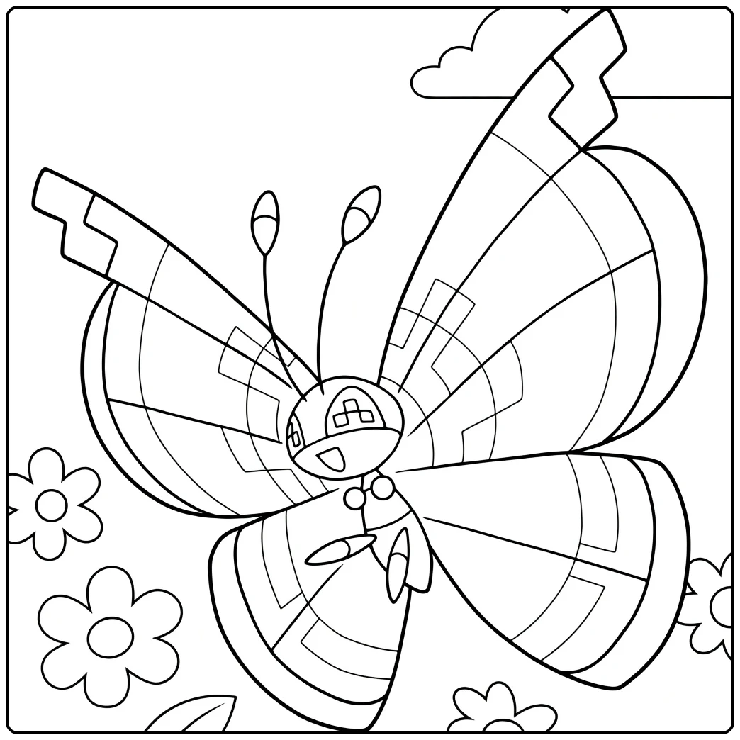 Pokemon Vivillon kleurplaat: vlinder met bloemen en wolken