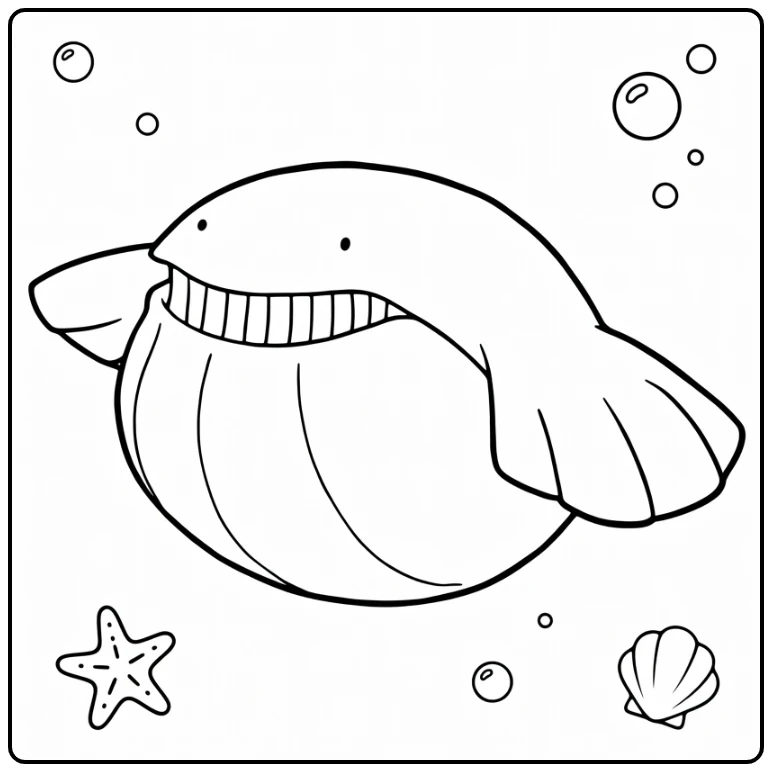 Pokemon Wailmer kleurplaat met bubbels zeester schelp