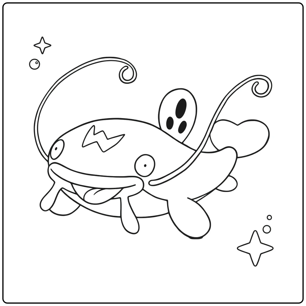 Pokemon Whiscash kleurplaat met bubbels en sterren