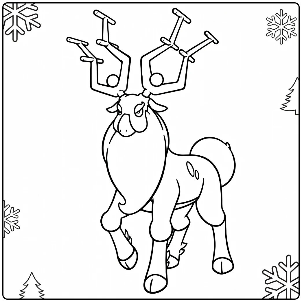 Pokemon Wyrdeer kleurplaat met sneeuwvlokken en bomen