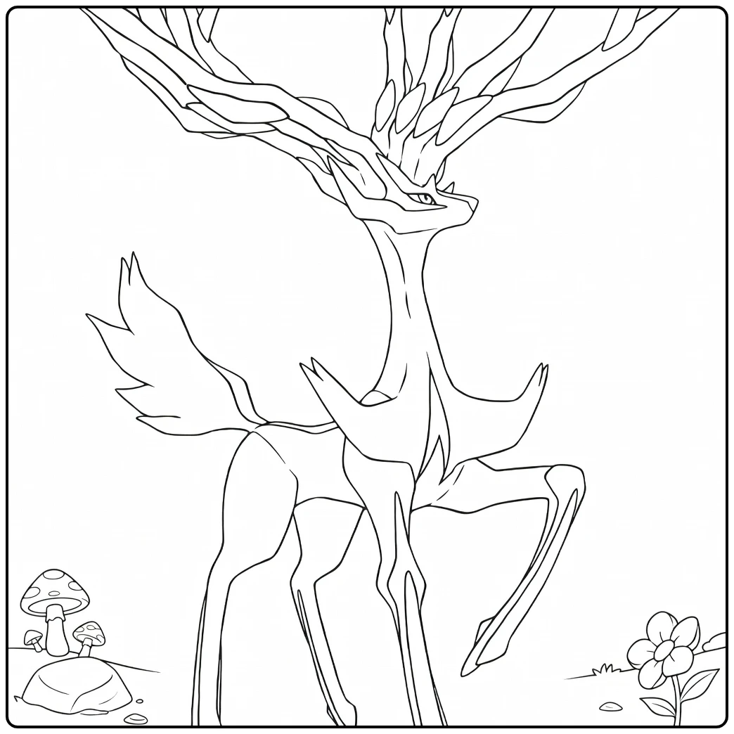 Pokemon Xerneas kleurplaat met paddenstoelen en bloemen