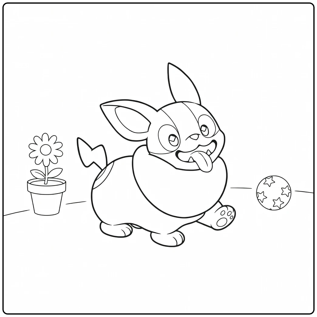 Pokemon Yamper kleurplaat: pup speelt met sterbal en bloem
