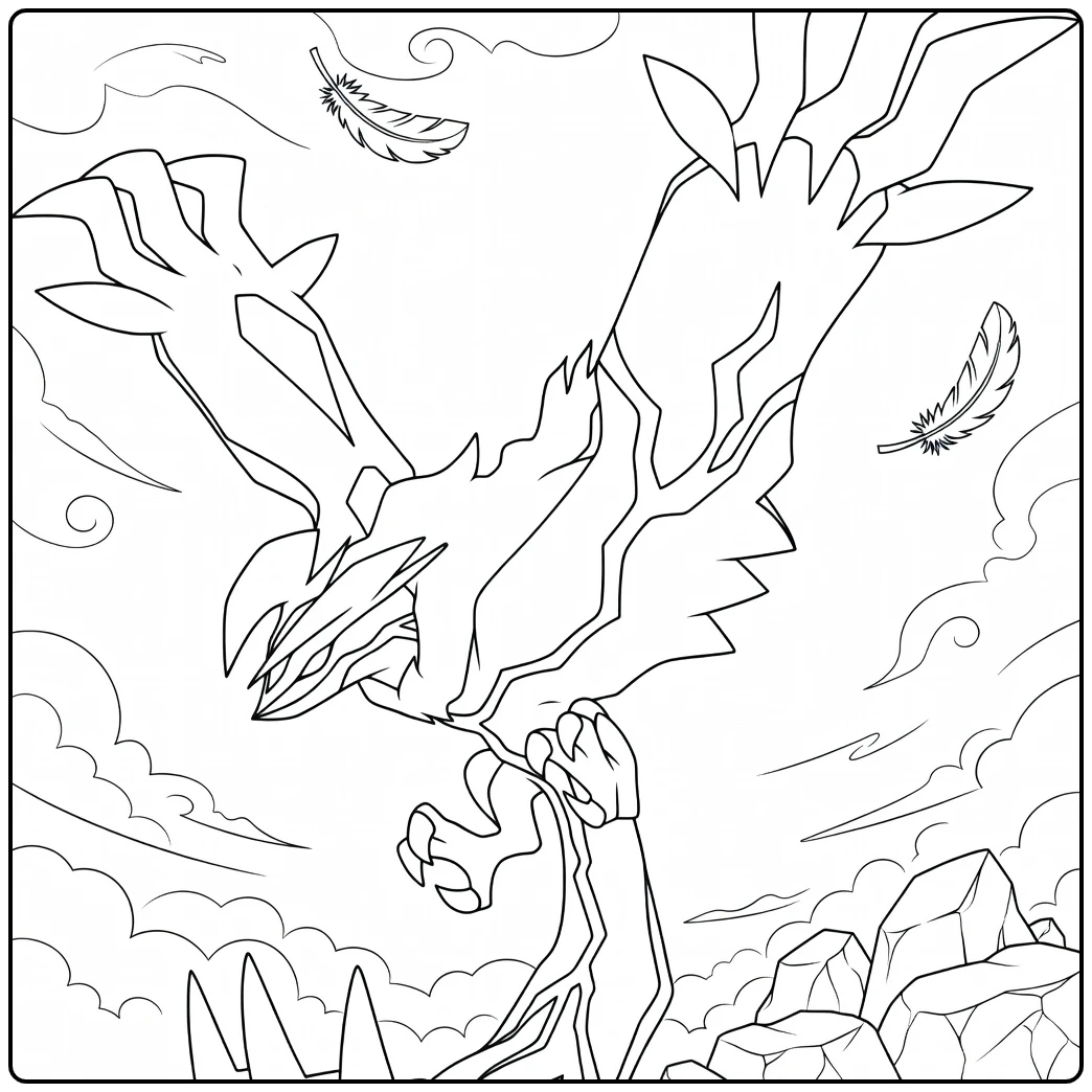 Pokemon Yveltal kleurplaat vliegend met wolken en veren