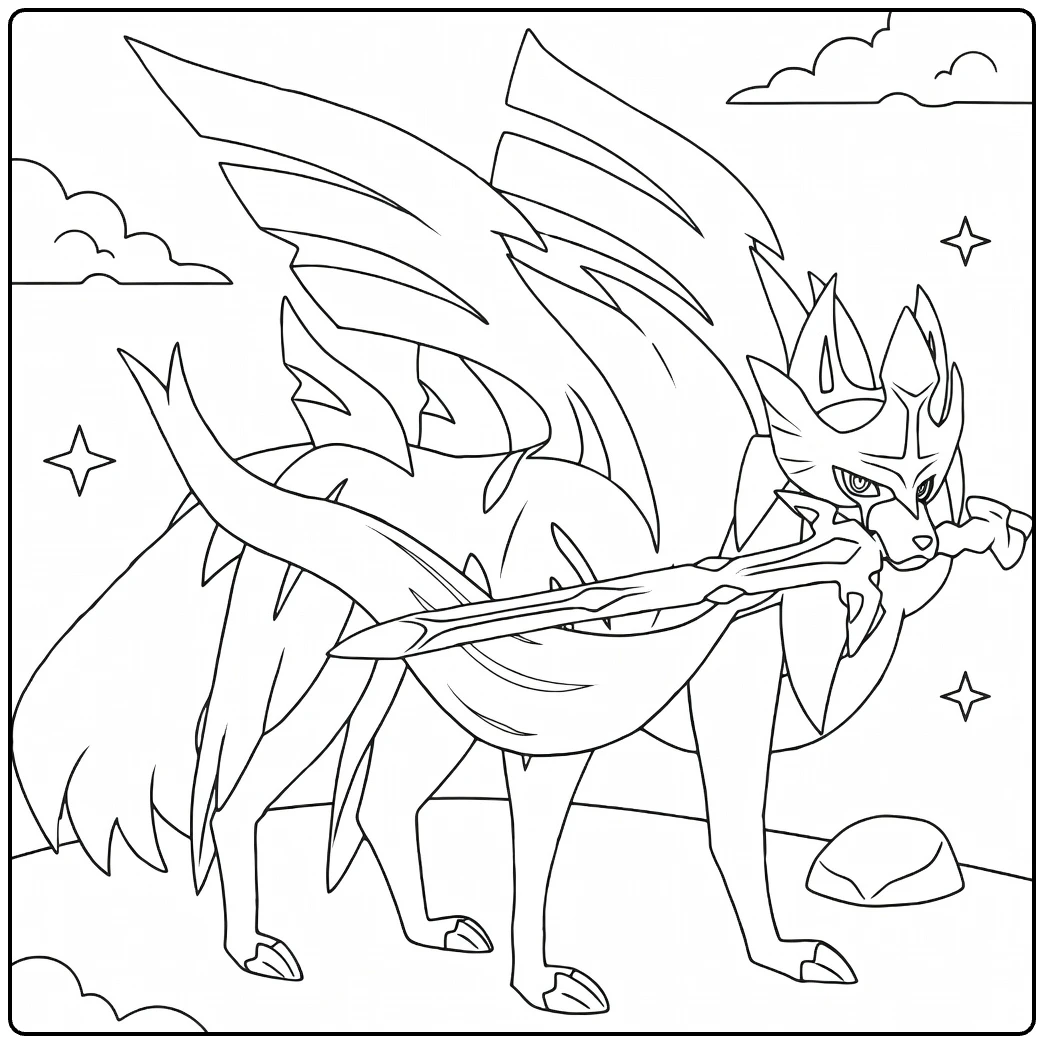 Pokemon Zacian kleurplaat met zwaard en vleugels