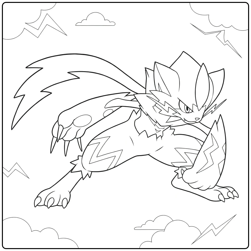 Pokemon Zeraora kleurplaat in dynamische pose met bliksems