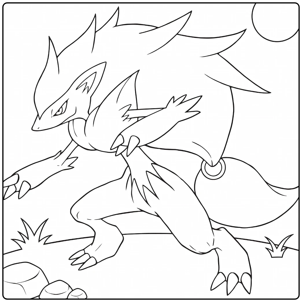 Pokemon Zoroark kleurplaat: woeste pose met klauwen en maan