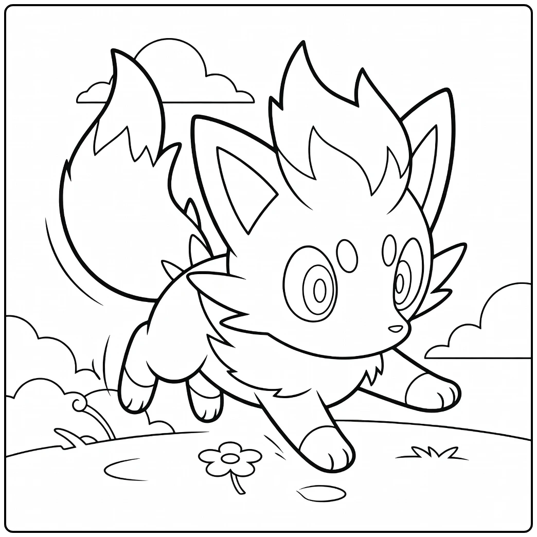Pokemon Zorua kleurplaat: schattig rennend Zorua met vlammen