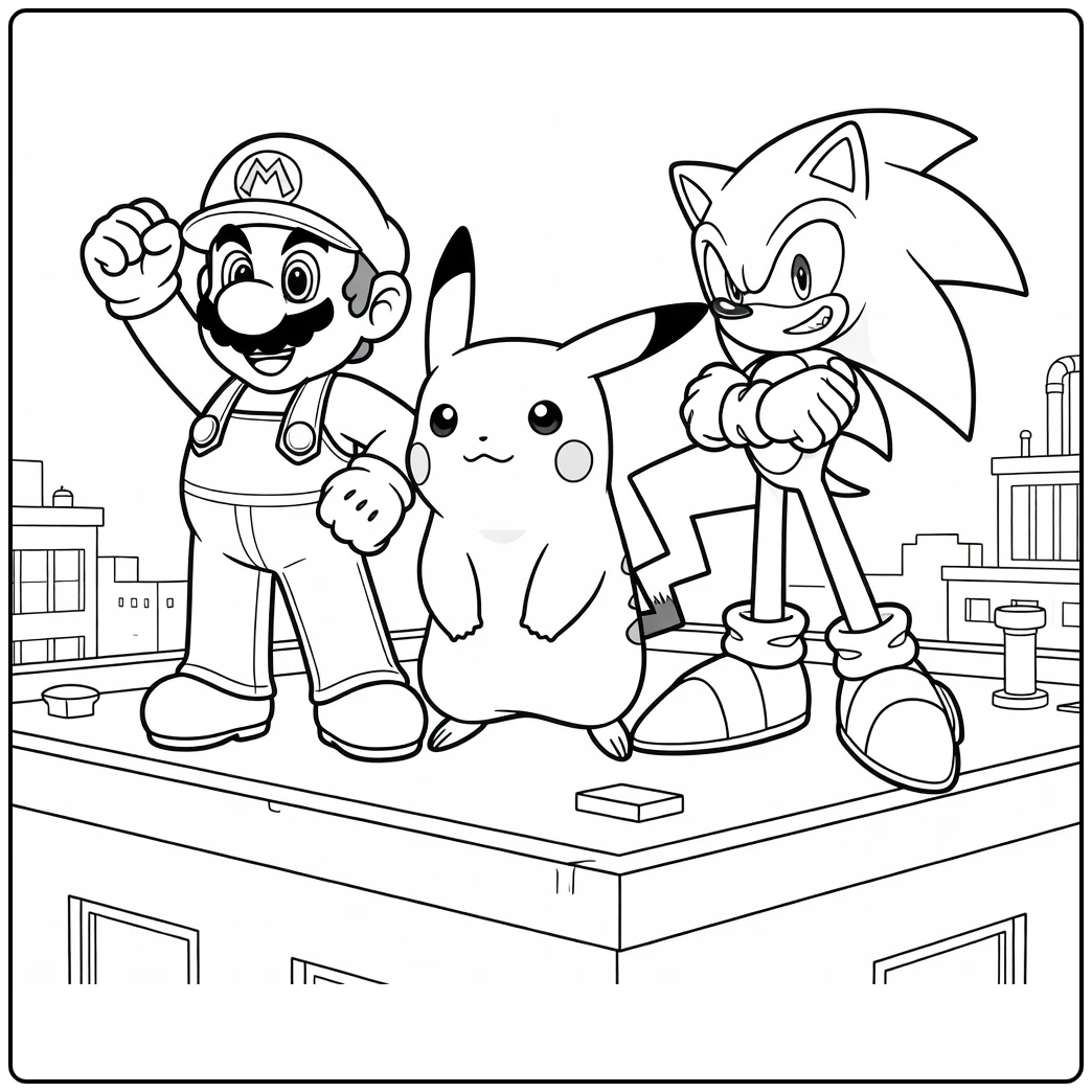 Game kleurplaat Pokémon Mario Sonic op stad dak na redding