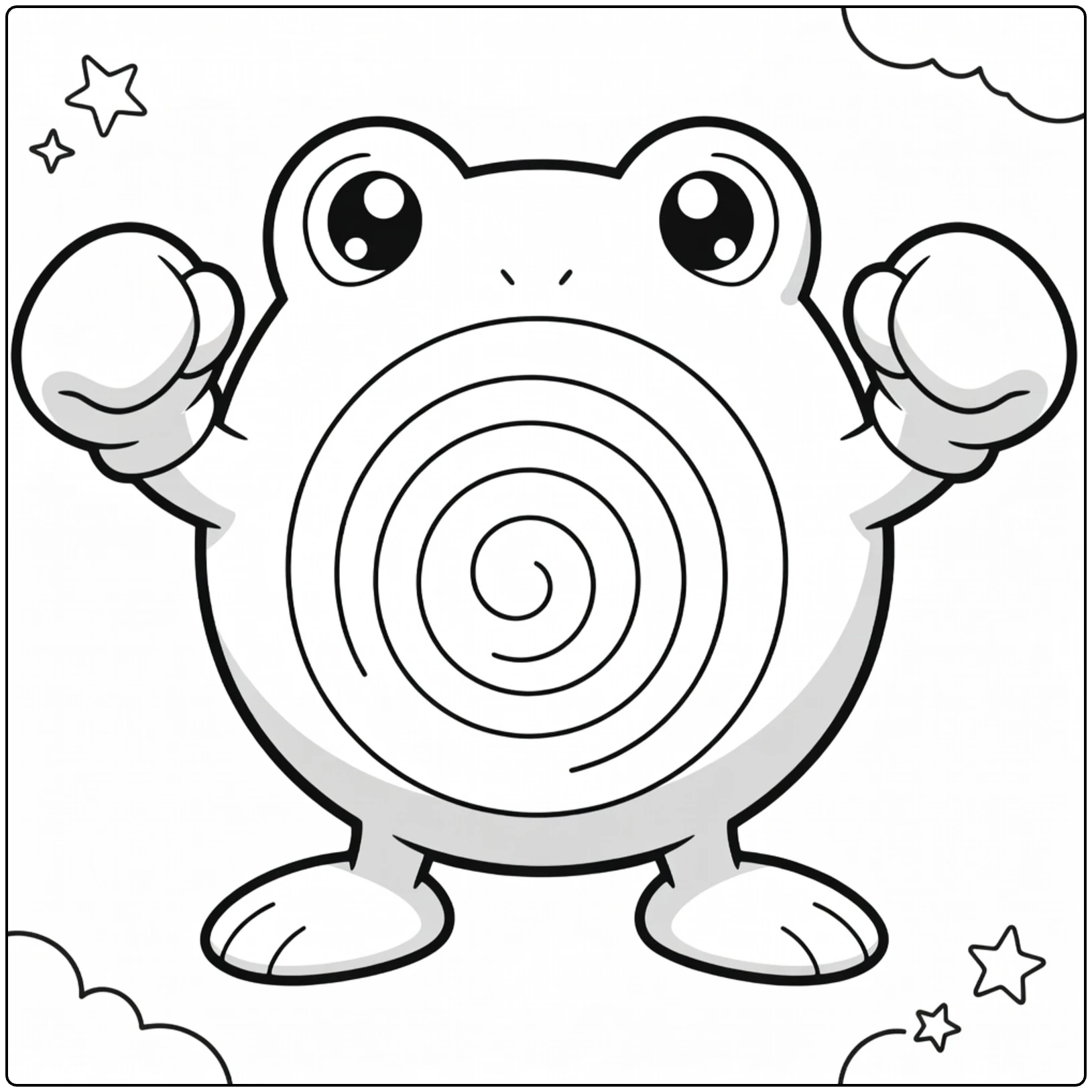 Poliwhirl Water Pokemon Kleurplaat in bokspose met spiraal
