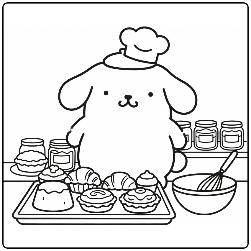Pompompurin Kleurplaat: glimlachend in bakkerij met pudding