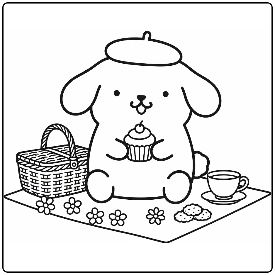 Pompompurin Kleurplaat: picknick met cupcake en bloemen