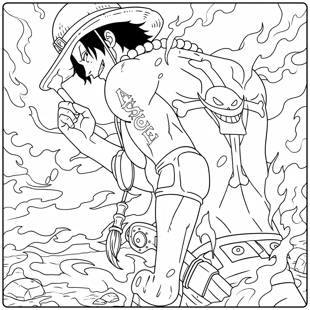 Portgas D. Ace kleurplaat met vlammen en ASCE tattoo