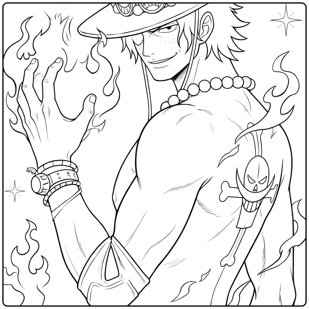 Portgas D. Ace kleurplaat met vlammen, hoed en tattoos
