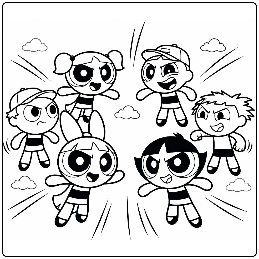 Powerpuff girls kleurplaat: Blossom, Bubbles & Buttercup vs Rowdyruff Boys