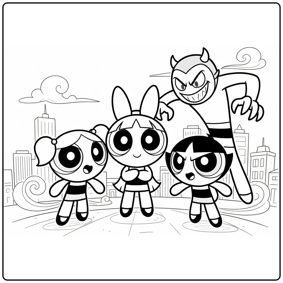 Powerpuff Girls kleurplaat: Blossom, Bubbles, Buttercup vs Him
