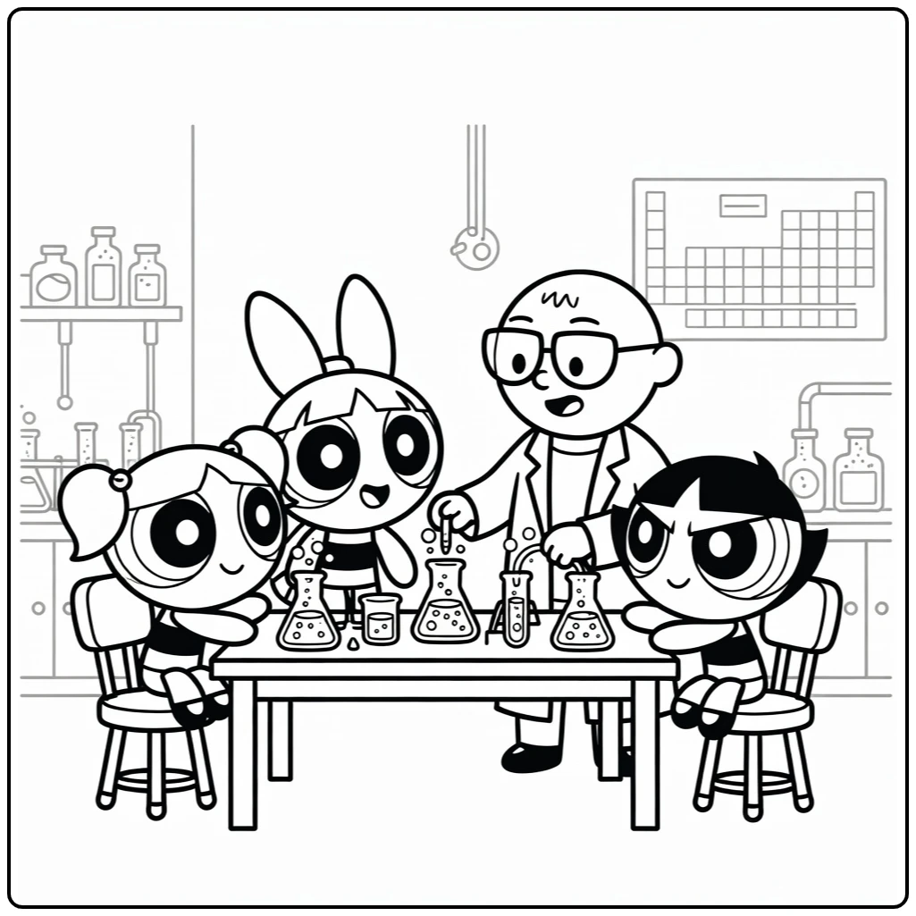 Powerpuff girls kleurplaat: Blossom, Bubbles, Buttercup helpen Prof. Utonium in lab