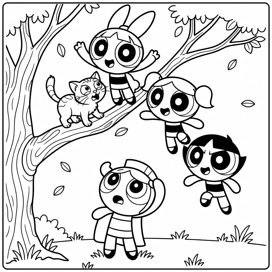 powerpuff girls kleurplaat: Blossom, Bubbles en Buttercup redden bange kat uit boom