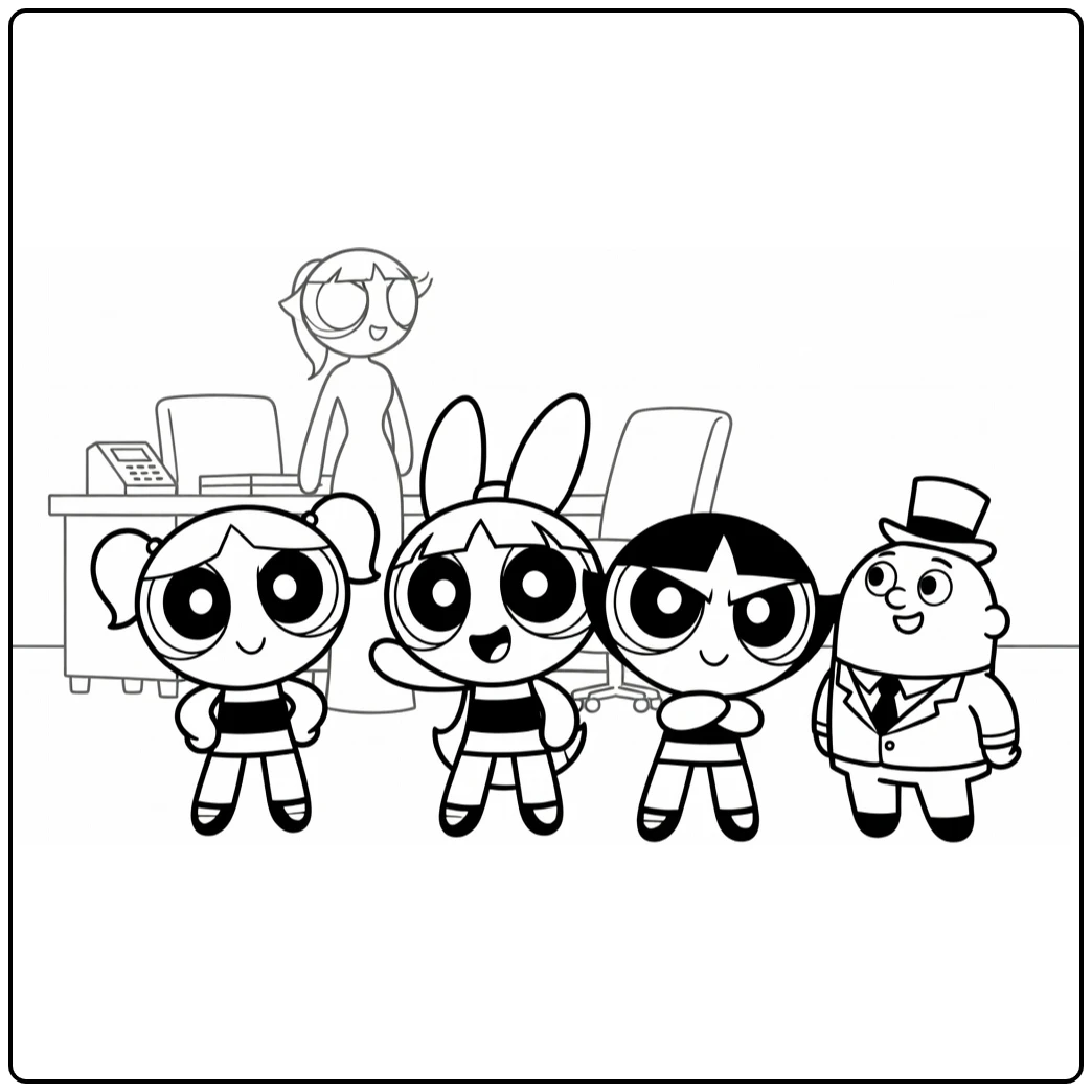 Powerpuff girls kleurplaat: Blossom, Bubbles, Buttercup in team pose