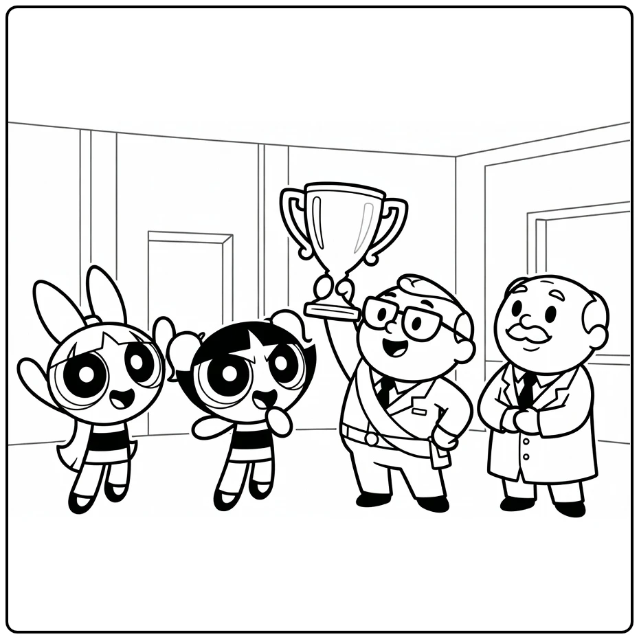 Powerpuff girls kleurplaat: Blossom, Bubbles, Buttercup vieren victorie
