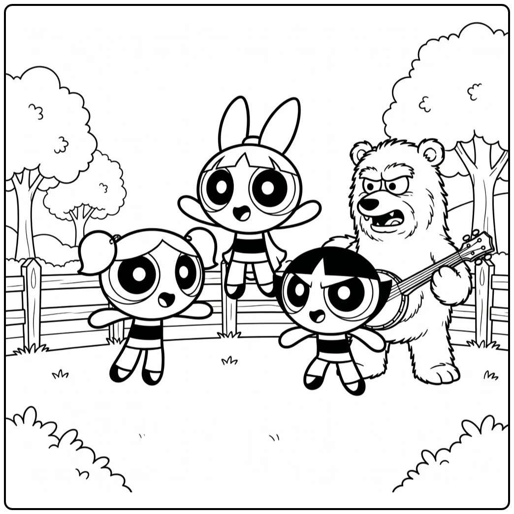 Powerpuff Girls kleurplaat: Blossom, Bubbles en Buttercup vs Fuzzy Lumpkins