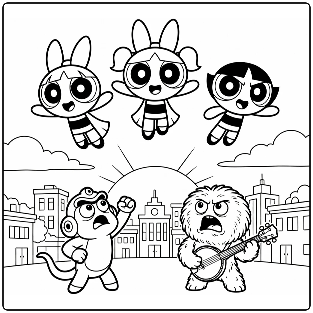 Powerpuff girls kleurplaat: Blossom, Bubbles & Buttercup vliegen boven Townsville