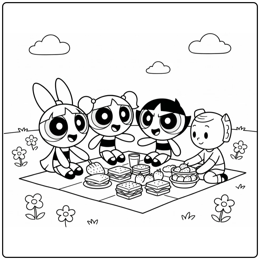 Powerpuff girls kleurplaat: Blossom, Bubbles, Buttercup op parkpicknick