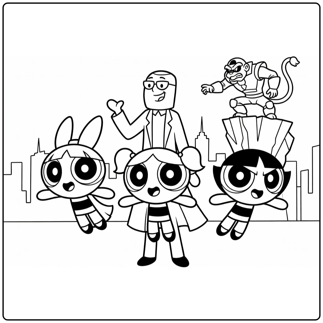 Powerpuff girls kleurplaat: Blossom, Bubbles, Buttercup vliegen
