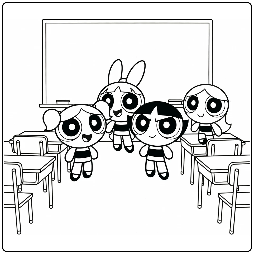 Powerpuff girls kleurplaat: Blossom, Bubbles, Buttercup in klas met Robin
