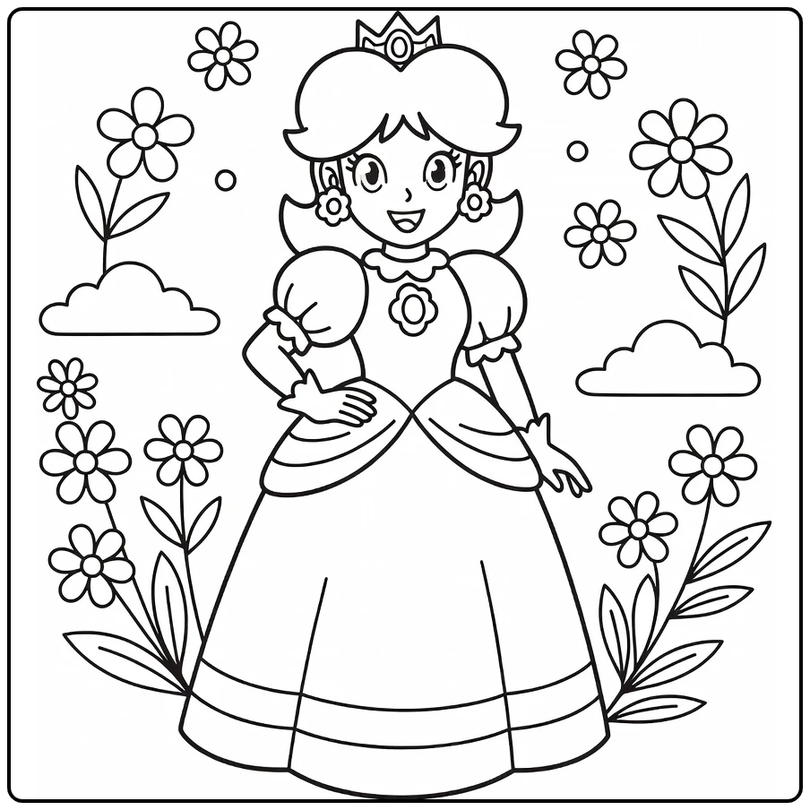 Princess Daisy kleurplaat: zelfverzekerd met hand op heup en bloemen