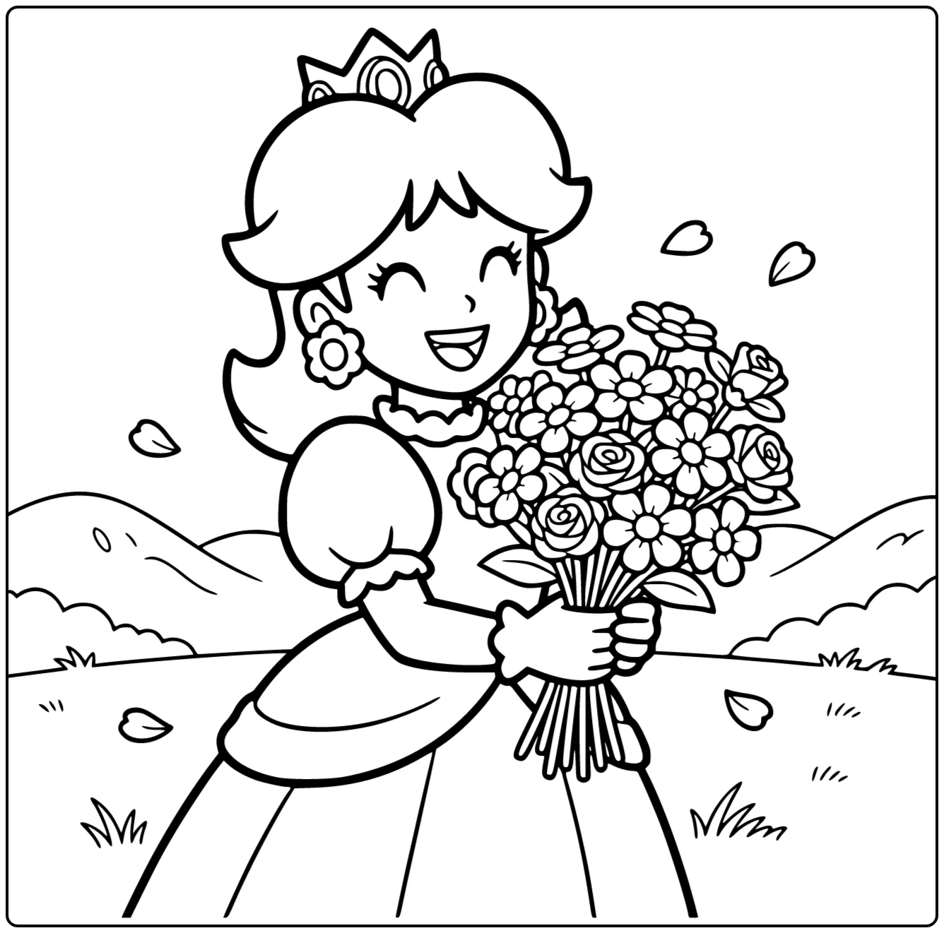 Princess Daisy kleurplaat: lachend met bloemenboeket