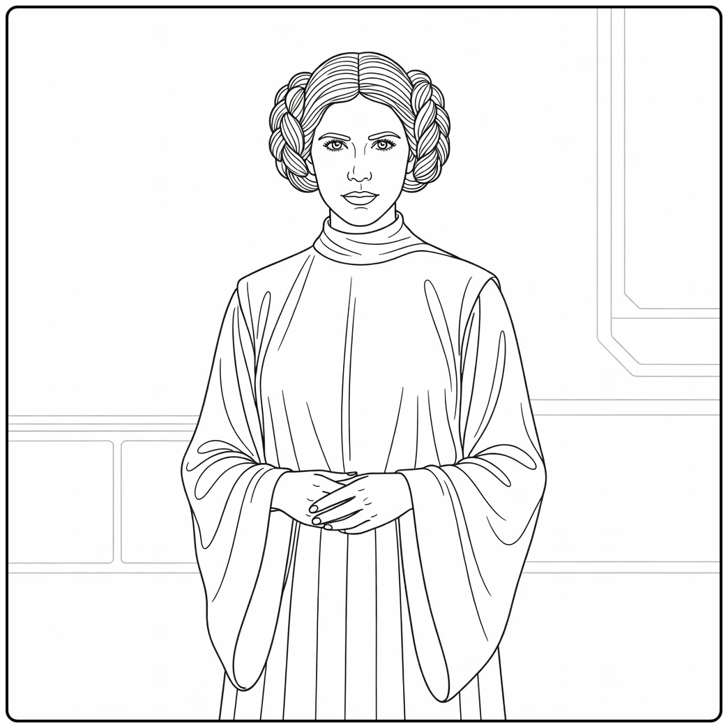 Princess Leia Kleurplaat in witte jurk en gevlochten kapsel