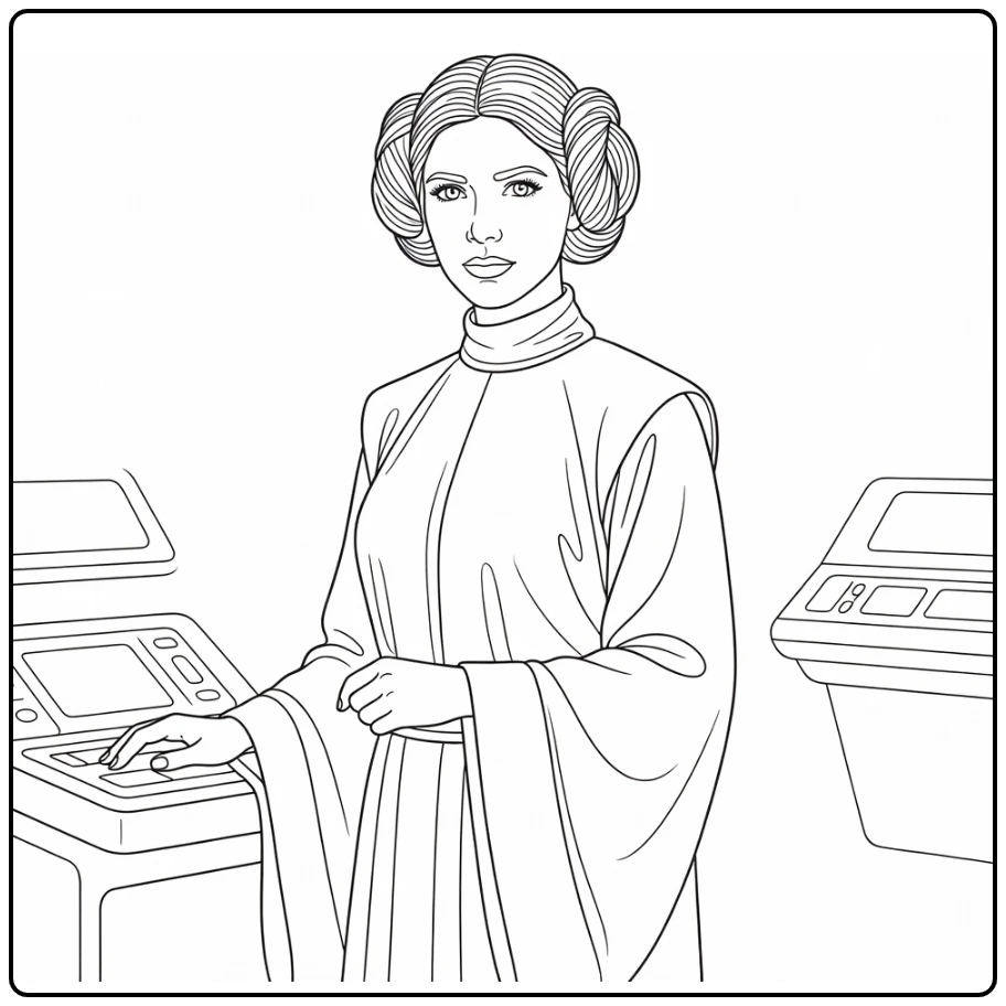 Princess Leia Kleurplaat: nadenkend bij console