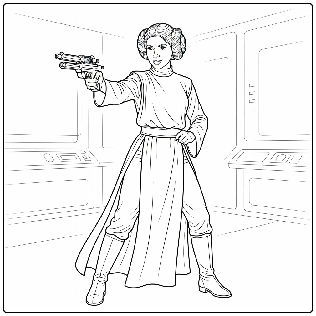 Princess Leia Kleurplaat heroïsche pose met blaster