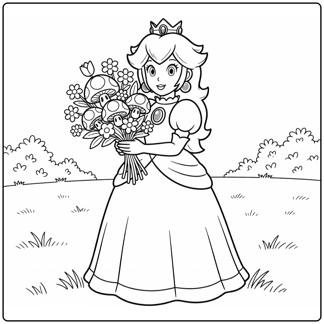 Princess Peach kleurplaat met boeket paddenstoelen en bloemen