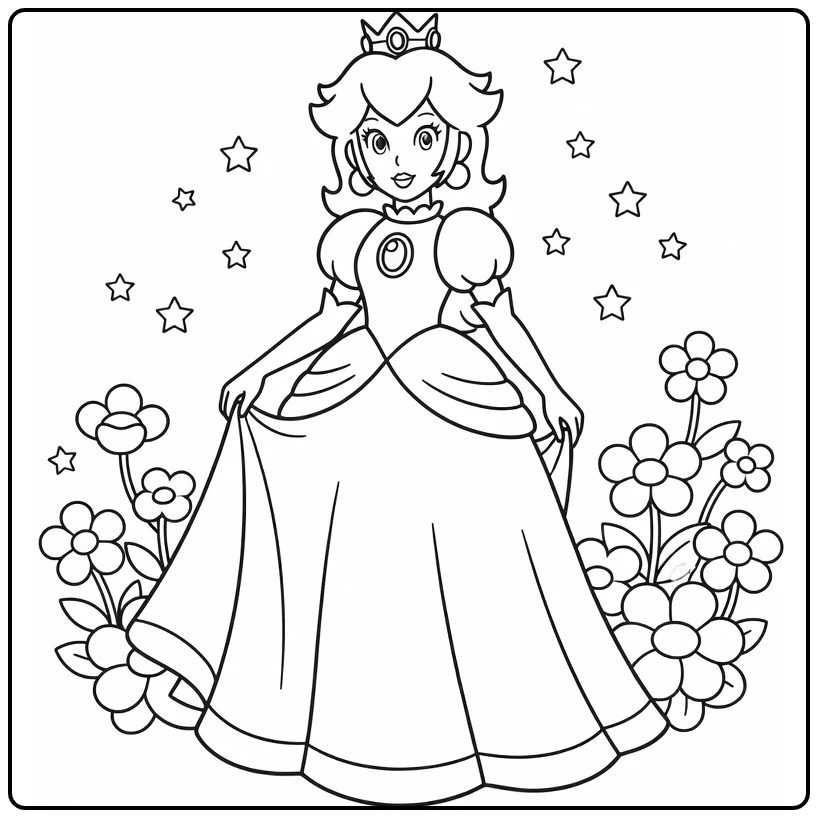 Princess Peach kleurplaat: prinses met kroon, sterren, bloemen