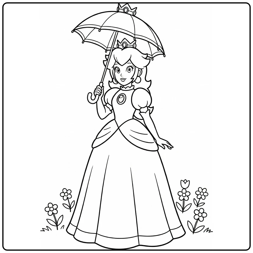 Princess Peach kleurplaat met parasol en bloemen