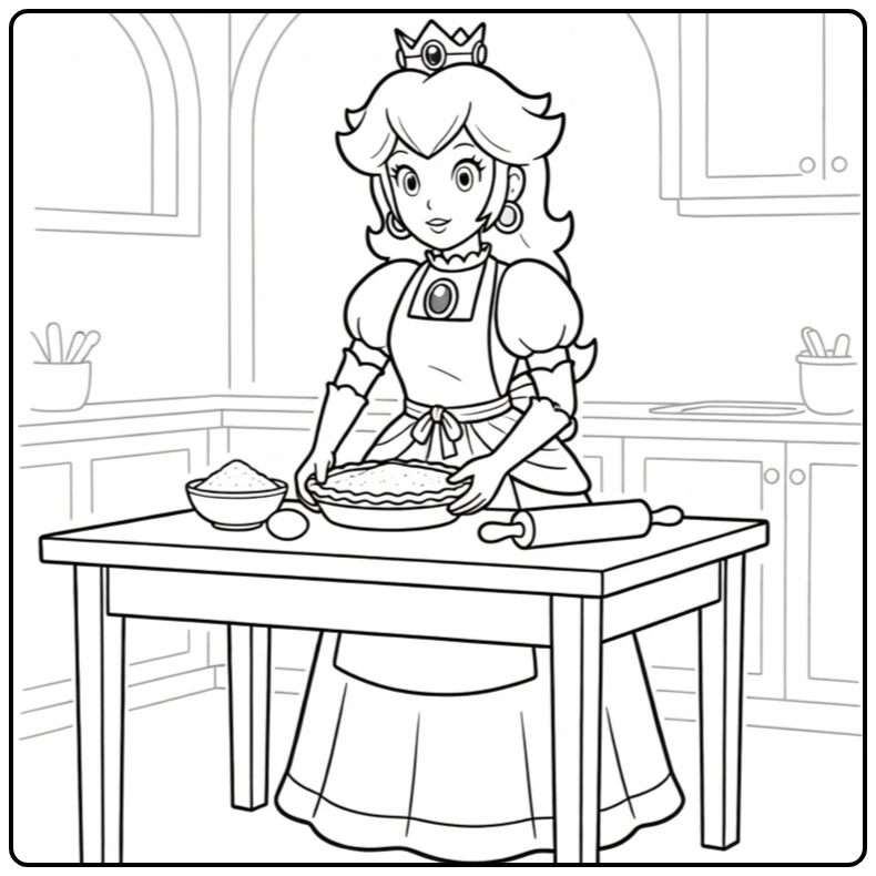 Princess Peach kleurplaat: Prinses Peach bakt taart