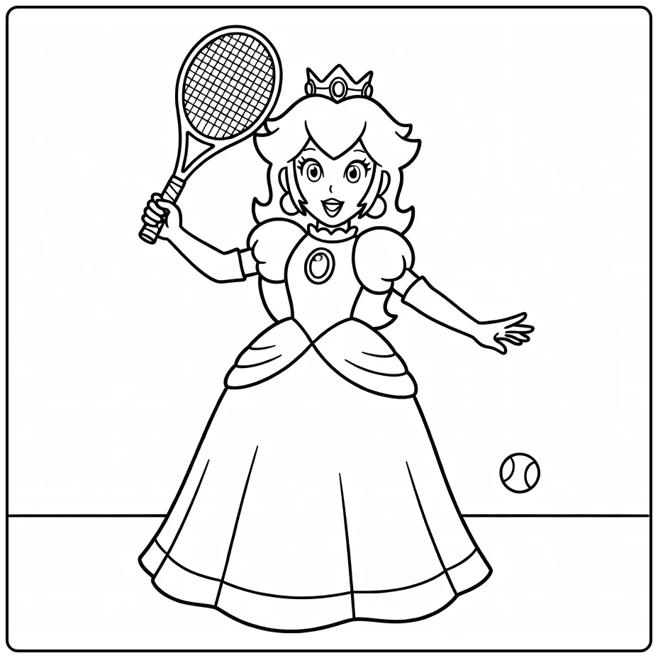 princess peach kleurplaat met tennisracket en bal