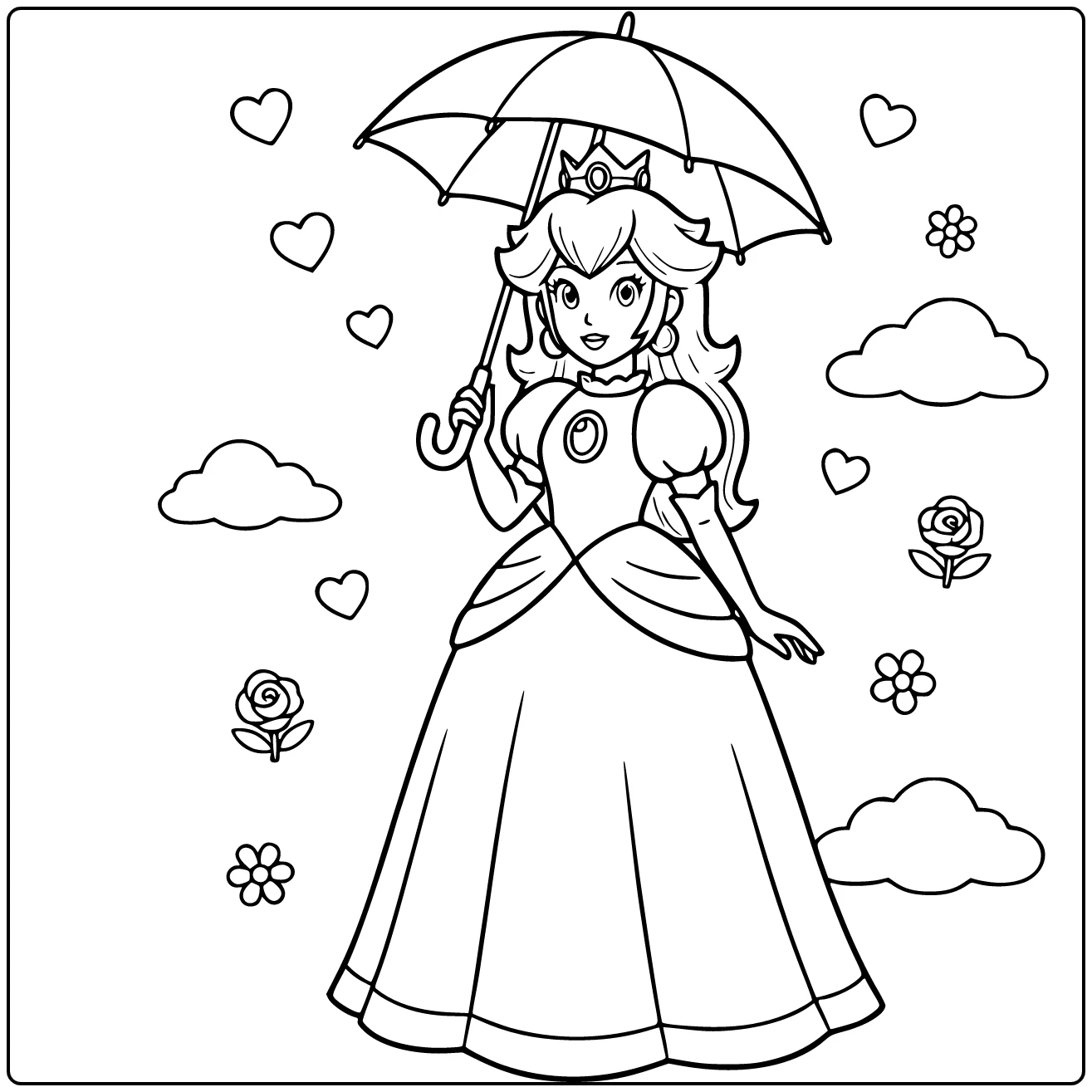 Princess peach kleurplaat: Peach met parasol en zachte glimlach