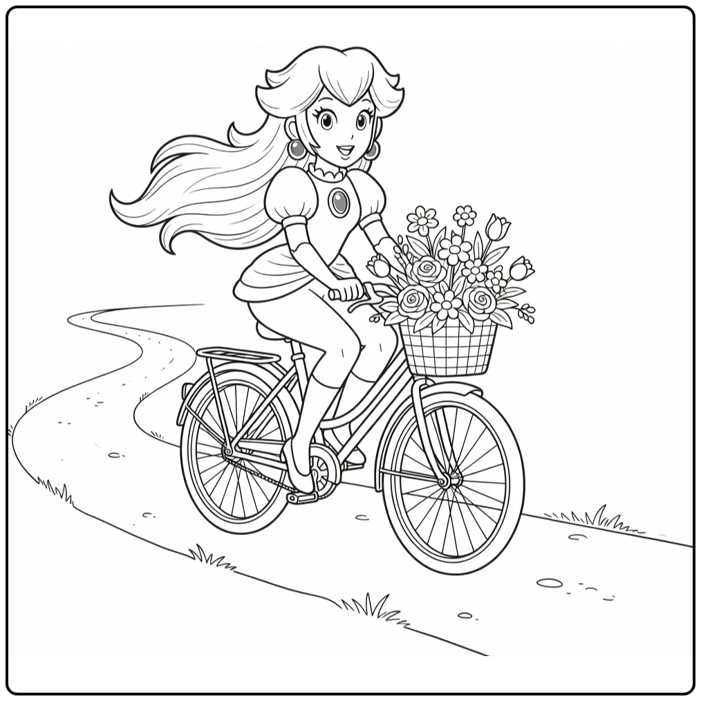 princess peach kleurplaat: Prinses Peach fietst lachend met bloemen