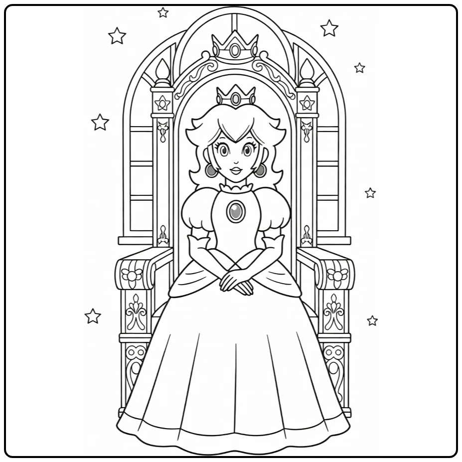 Princess Peach kleurplaat: elegant op troon met sterren