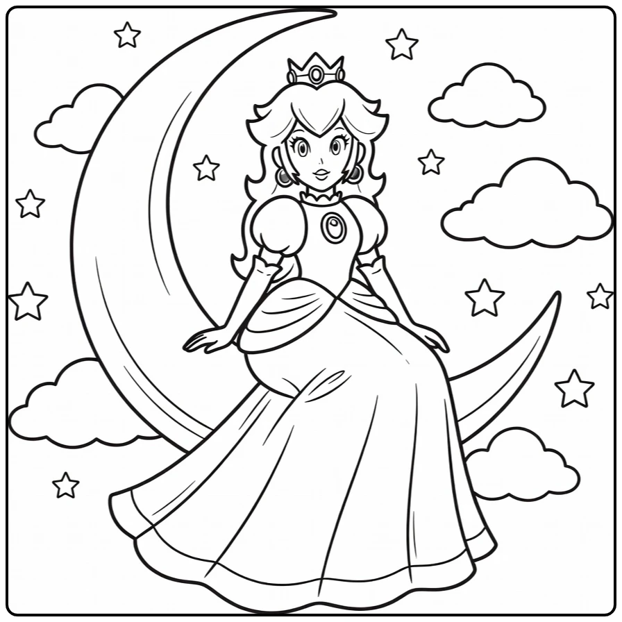 Princess Peach kleurplaat: op sikkelmaan met sterren, wolken