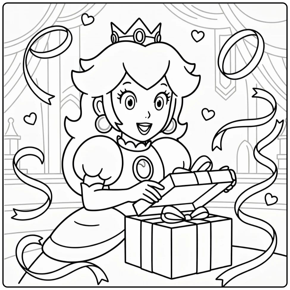 Princess Peach kleurplaat: blije Peach opent cadeau