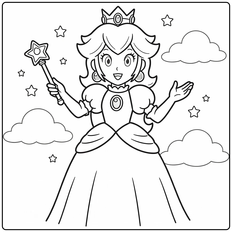 Princess Peach kleurplaat met sterstaf en zwevende sterren