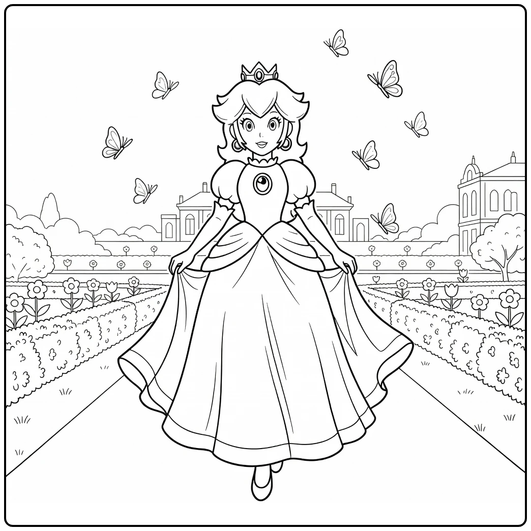 Princess Peach kleurplaat in paleistuin met fladderende vlinders